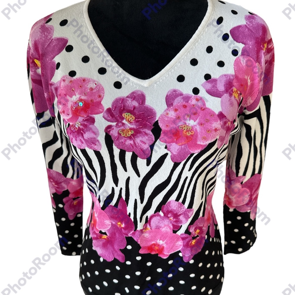 Peck & Peck Women's Black, White, & Pink Patterned Sweater Large